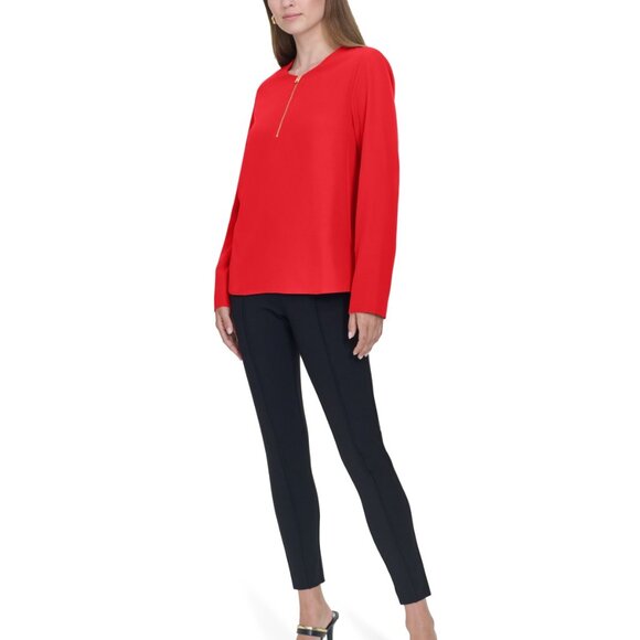 Halston Women's Zip-Front Hi-Low Side-Slit Blouse – Red (NWT, Size XL) - Picture 2 of 4